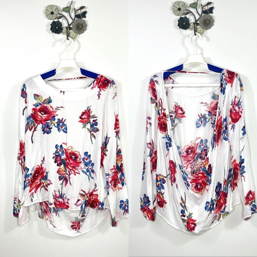 Somedays Lovin Open Draped Back Size XS White Floral Blouse Long Sleeve